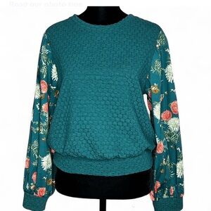PORRIDGE ANTHROPOLOGYE Green Floral Long Sleeve Blouse SP, Round Neck NWOT